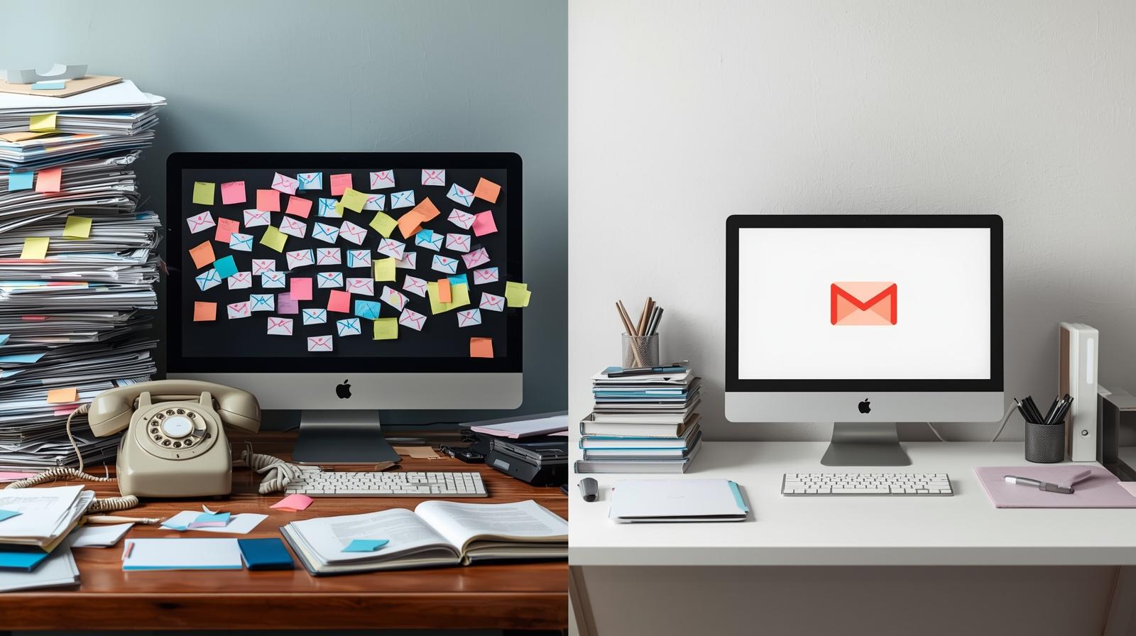 Chaos op bureau links, georganiseerde bureau rechts